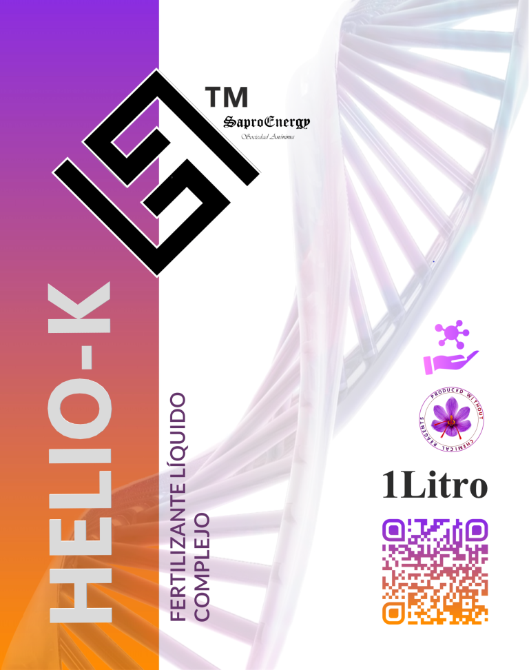 Botella de HELIO-K, fertilizante líquido y complejo de potasio 100% natural de SaproEnergy S.A.