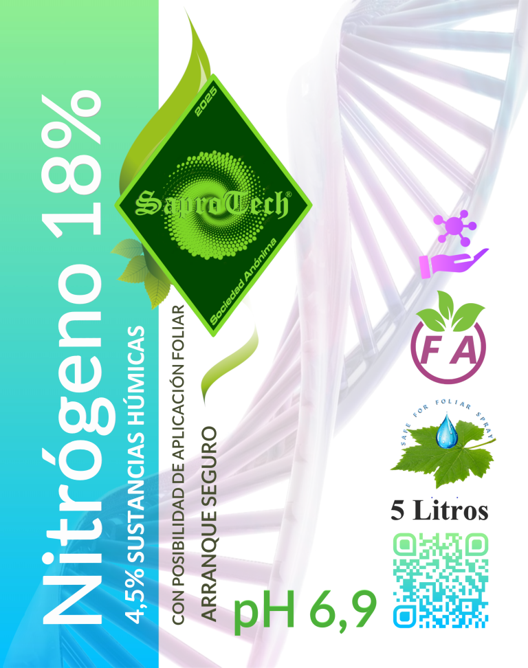 Etiqueta de fertilizante SaproTech Nitrógeno 18% con sustancias húmicas y pH 6,9.