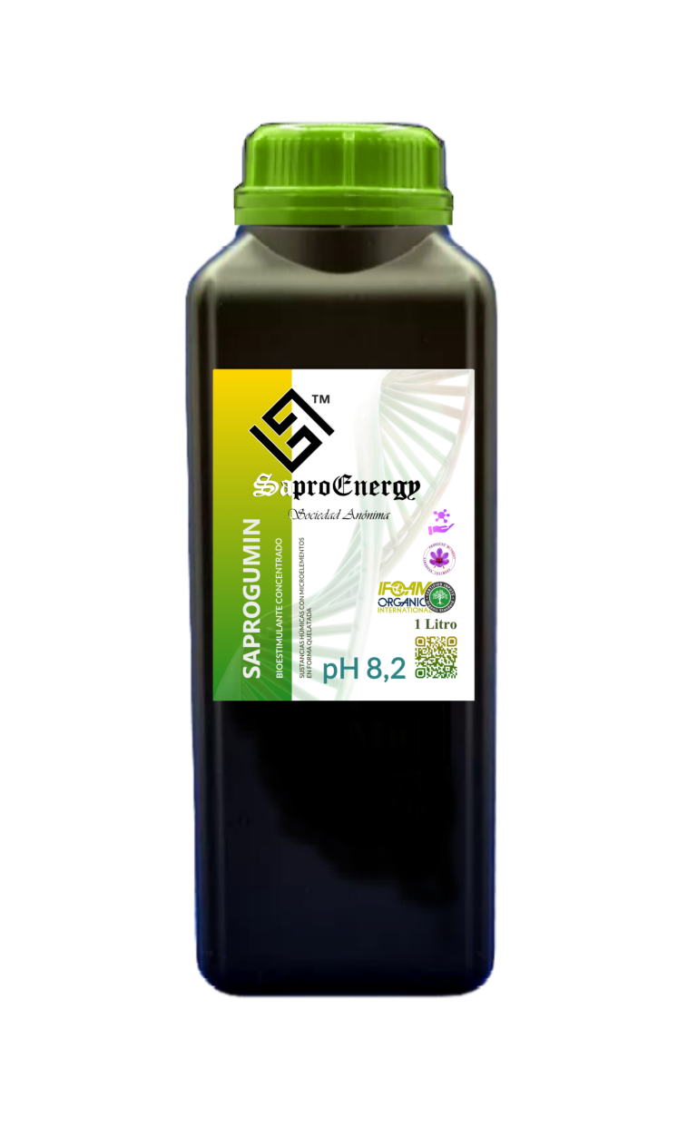 Botella del bioestimulante natural Saprogumin de SaproEnergy S.A., producido sin reactivos químicos.