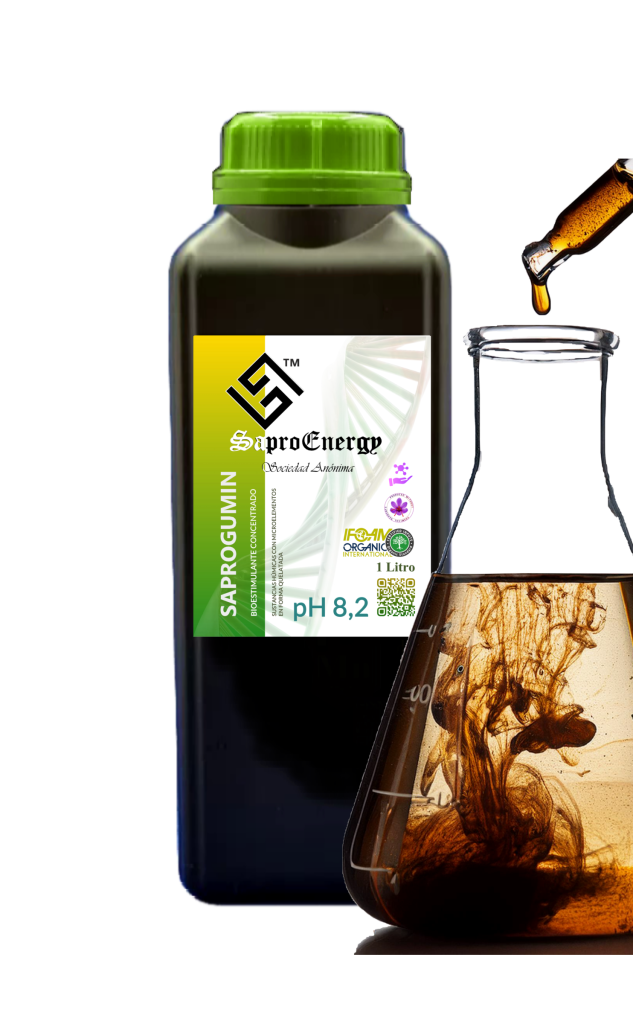 SAPROGUMIN organic biostimulant bottle by SaproEnergy with a pH 8.2 formulation, featured next to a laboratory flask showing a dark liquid extract.