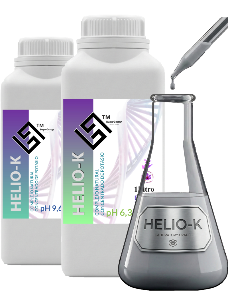 HELIO-K concentrated potassium fertilizer by SaproEnergy, featuring pH 6.3 and pH 9.6 formulations next to a laboratory flask.